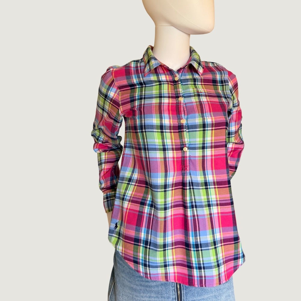 Ralph Lauren Kids Pink Blue Plaid Cotton Button Down Shirt Women XS/ Kids 16